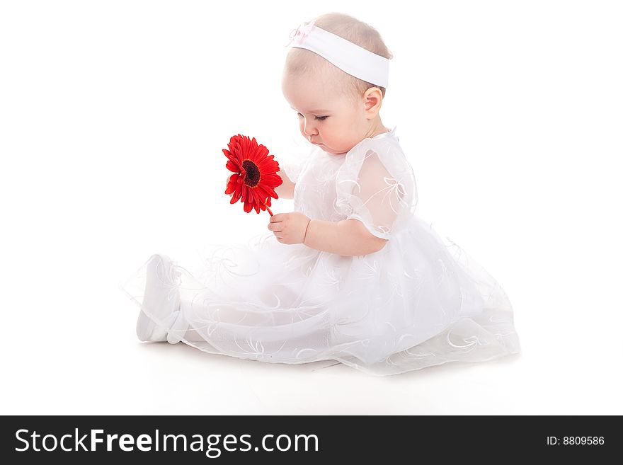 Little pretty girl holding red flower. Little pretty girl holding red flower