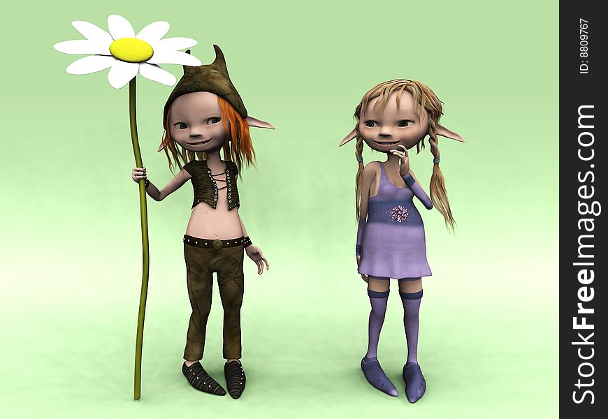 Cartoon boy and girl with big flower