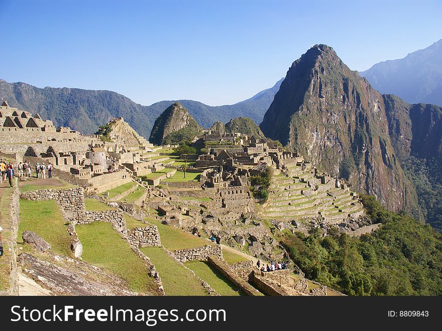 Huayna Picchu mountain overlooking  Inca ruins  Machu Picchu, Peru, South America