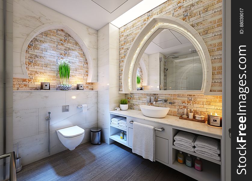 A luxurious bathroom interior design. A luxurious bathroom interior design.