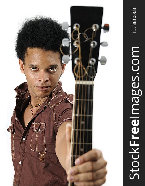 Portrait of trendy african american man holding acoustic guitar isolated. Portrait of trendy african american man holding acoustic guitar isolated