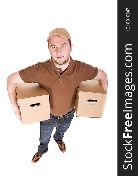 Delivery man with a package on white background