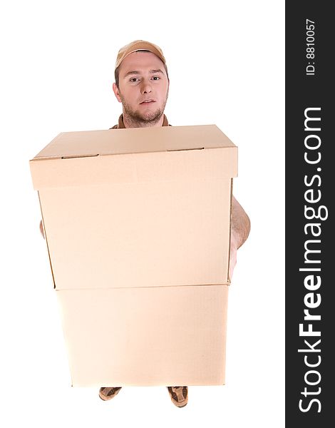 Delivery man with a package on white background