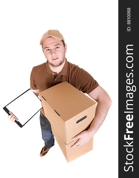 Delivery man with a package on white background