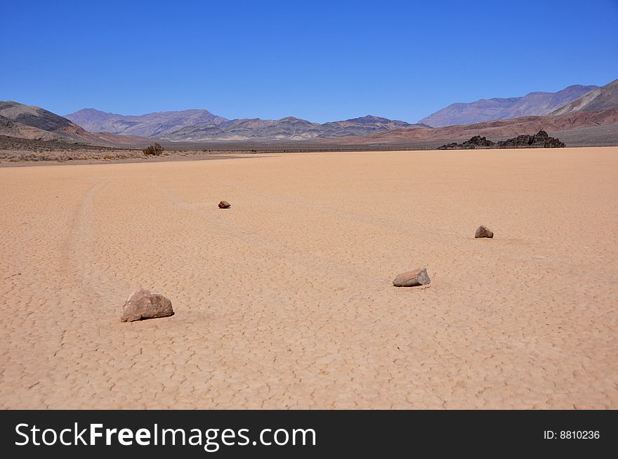 Moving rocks of a racetrack playa in death valley