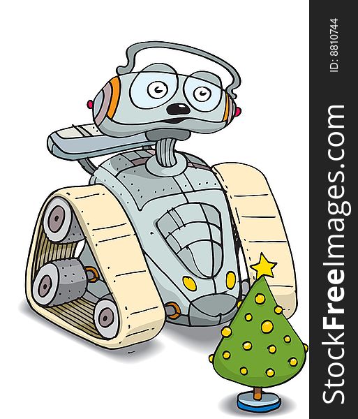 Robot and decorated christmas tree. Robot and decorated christmas tree