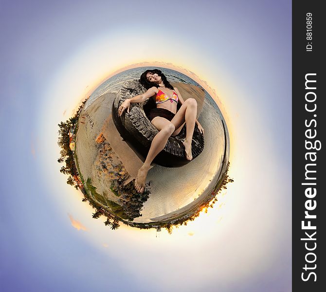 Portrait of young woman relaxing on tropical beach background. Portrait of young woman relaxing on tropical beach background