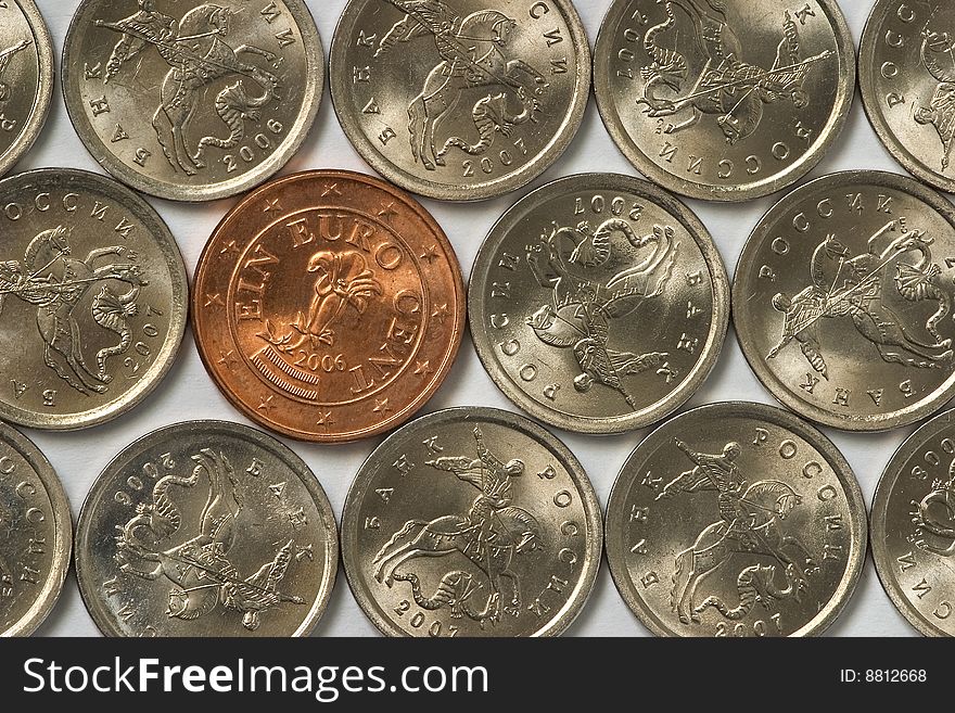 Euro Coin Among Russian Coins