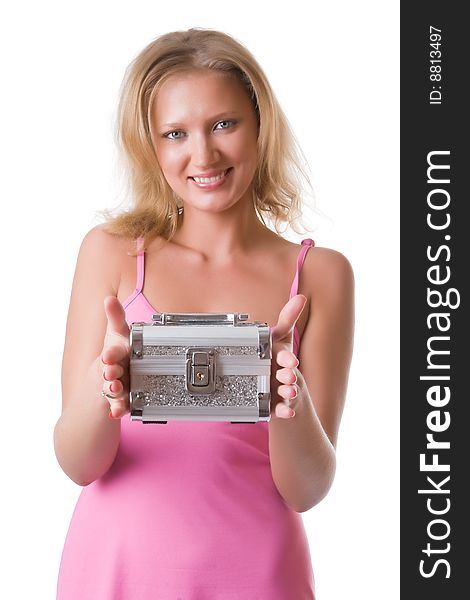 Beautiful girl with a silvery box in hands