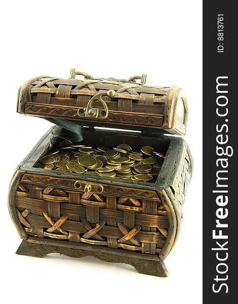 Old chest full of coins, treasure,