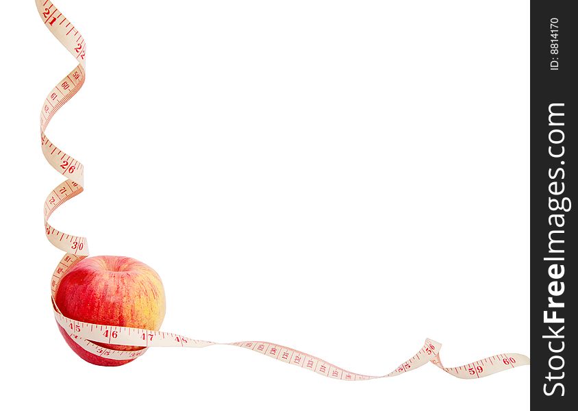 Big ripe red apple with white measure tape around it metaphore of healthy eating and diet. Big ripe red apple with white measure tape around it metaphore of healthy eating and diet