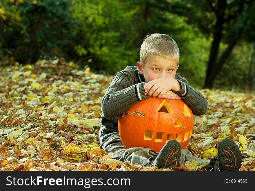 Sitting little boy with halloween pumpkin. Sitting little boy with halloween pumpkin