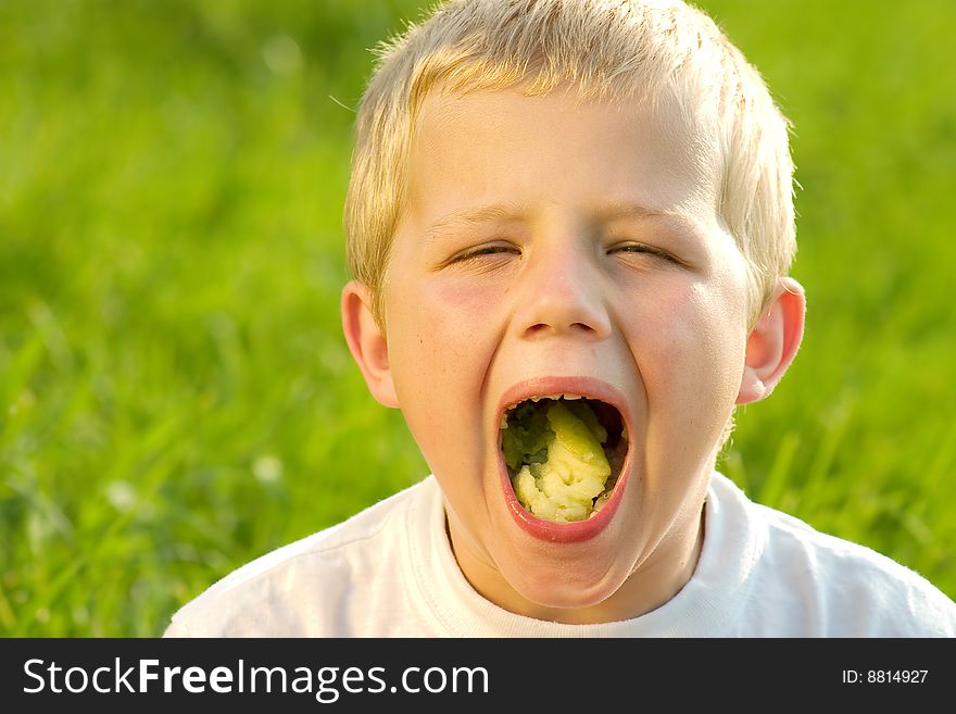 Little boy with green apple in mouth. Little boy with green apple in mouth