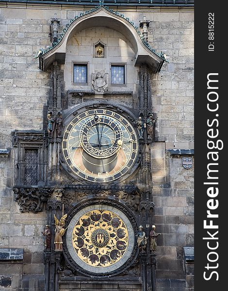 Unique clock on gothic tower supplemented with a round calendarium including the signs of the zodiac painted by Josef Manes (1865). Unique clock on gothic tower supplemented with a round calendarium including the signs of the zodiac painted by Josef Manes (1865).