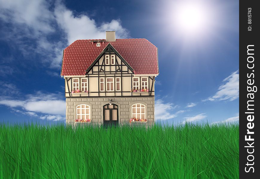 Nice house on grass. Grass 3D rendering