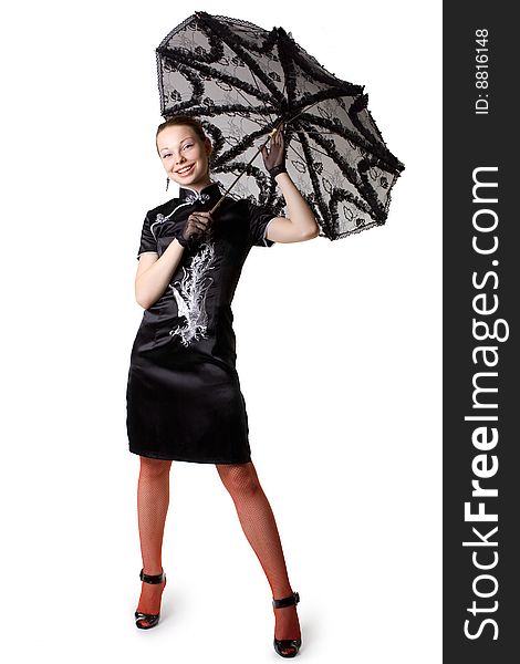 Girl in Chinese dress with an umbrella on a white background. Girl in Chinese dress with an umbrella on a white background