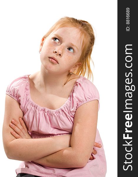 Portrait of a young thinking girl, isolated on white