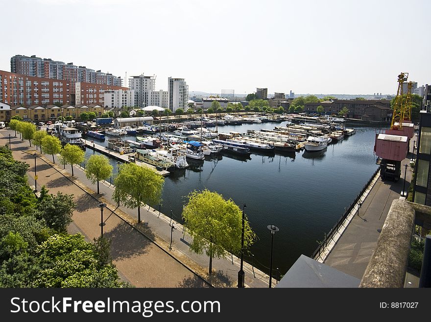 Dock and marina views on isle of dogs london. Dock and marina views on isle of dogs london