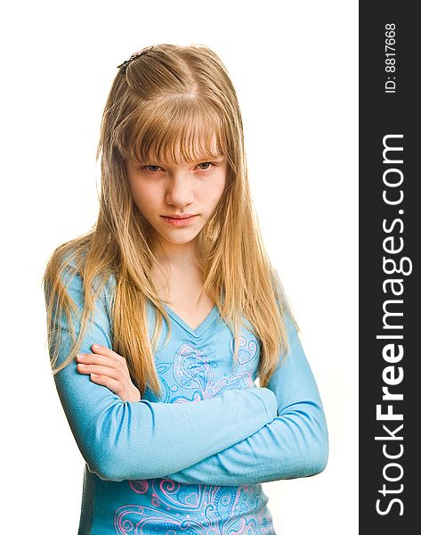 Resentment of young blonde girl in blue dress. Resentment of young blonde girl in blue dress