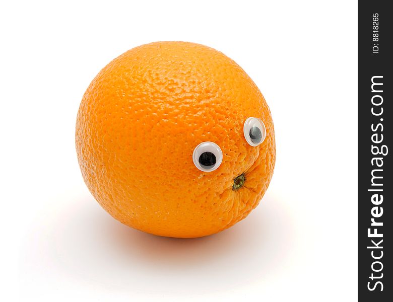 Funny orange fruit with eyes on white background. Funny orange fruit with eyes on white background