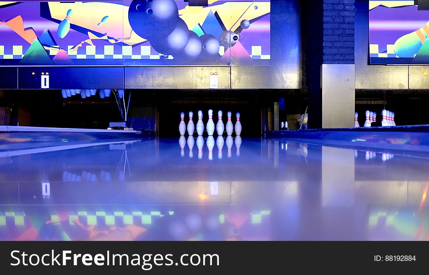 Bowling pins in a modern bowling alley. Bowling pins in a modern bowling alley.