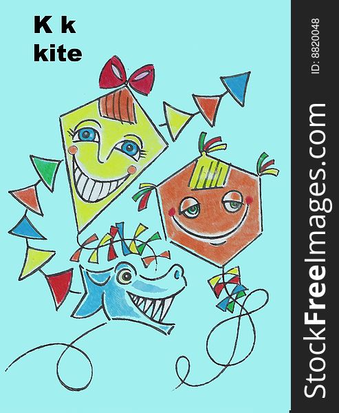 Alphabet for children k - kite pastel drawing