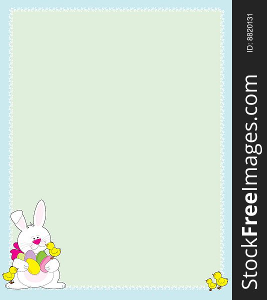 An Easter bunny holding colored eggs with little chick on his feet in the corner of an Easter frame. An Easter bunny holding colored eggs with little chick on his feet in the corner of an Easter frame