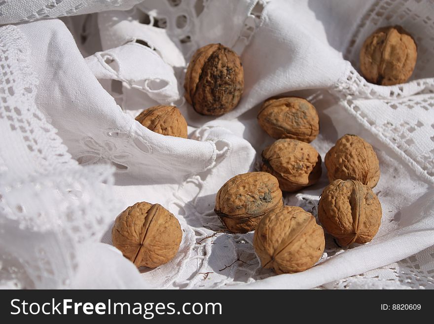 Walnuts fresh-picked on a cloth