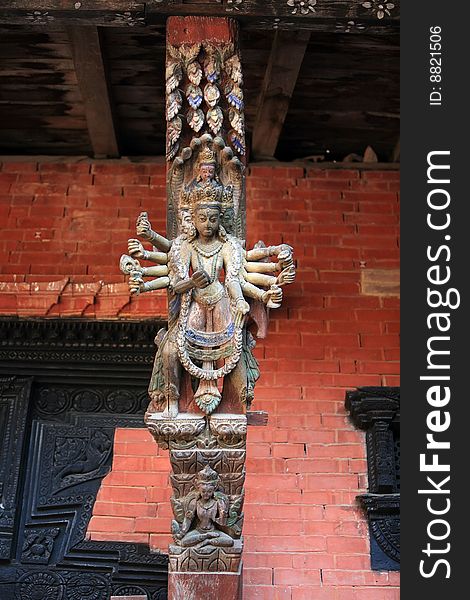 Intricately carved temple struts, hindu goddess,nepal