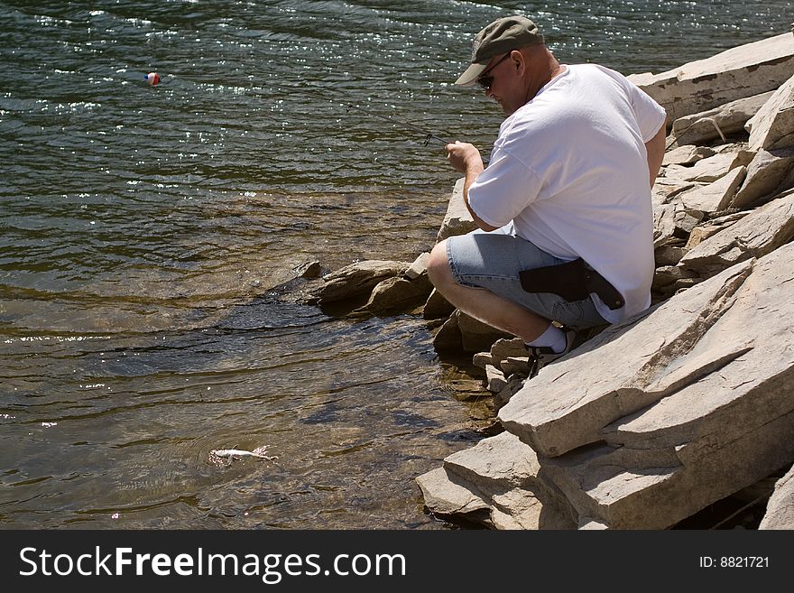 Man catching a brook trout in a lake in the Black Hills of South Dakota. Man catching a brook trout in a lake in the Black Hills of South Dakota