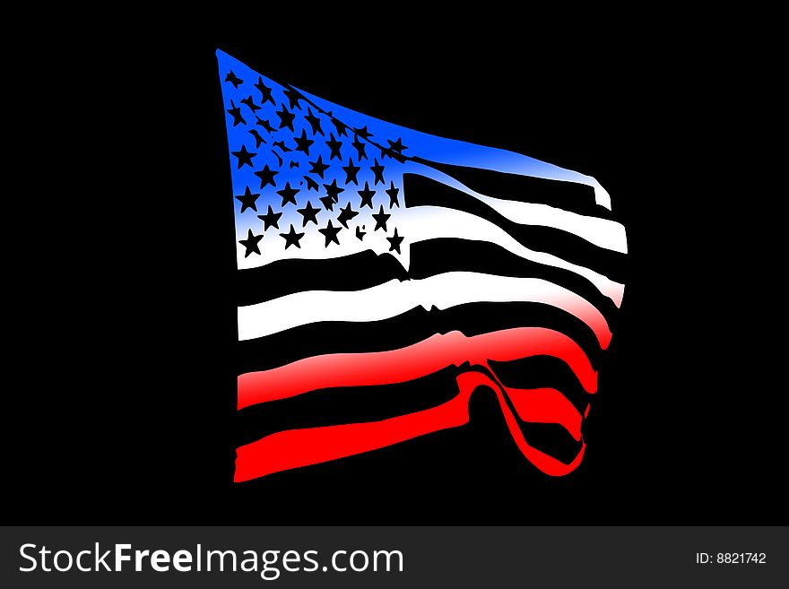 USA flag silhouette waving in the wind isolated on black. USA flag silhouette waving in the wind isolated on black