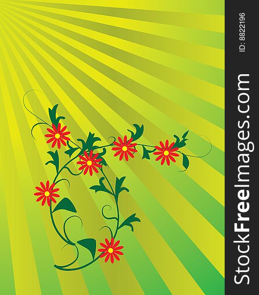 The red flowers in the sun rays. Vector illustration