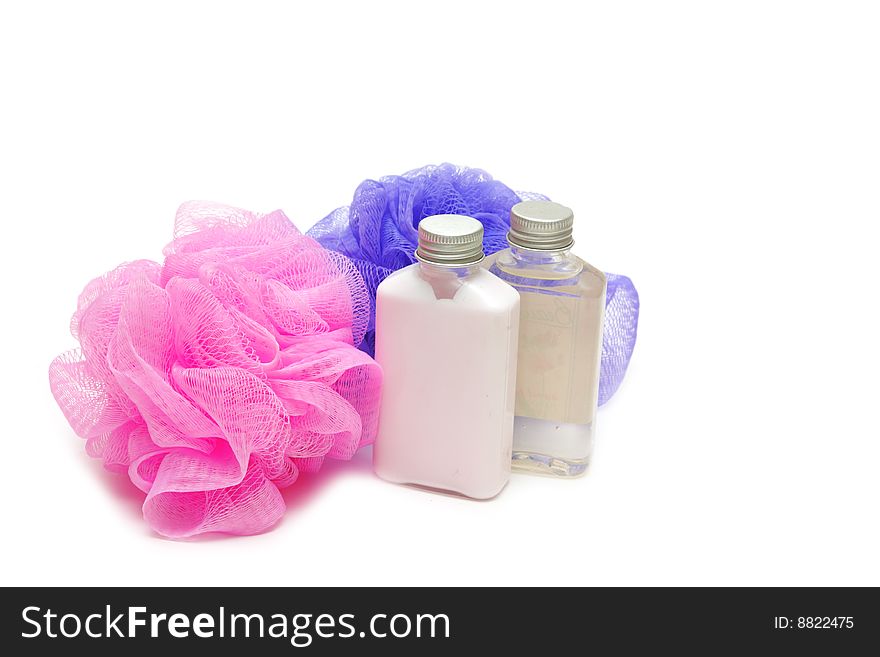 Natural soap and basts on white background