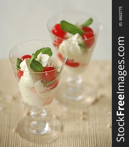 Dessert with mint and cherry for two persons