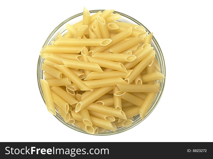 Macaroni penne in glass container isolated on white with clipping path. Macaroni penne in glass container isolated on white with clipping path