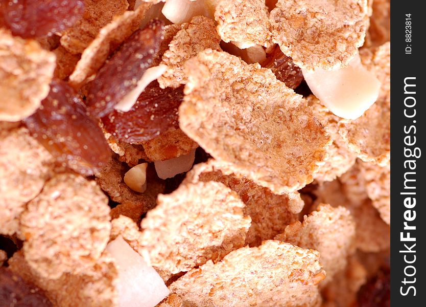 Macro close up of cereals and dried fruit