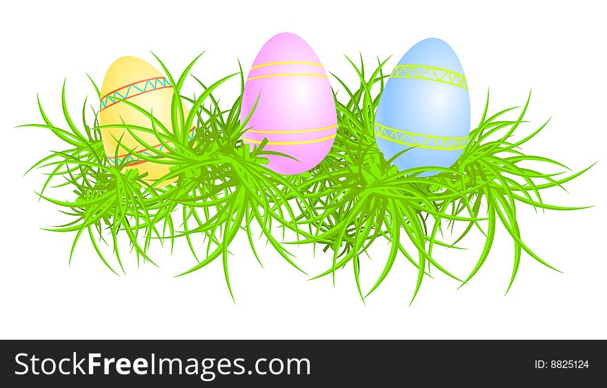 Vector illustration of three colored eggs in grass. Vector illustration of three colored eggs in grass