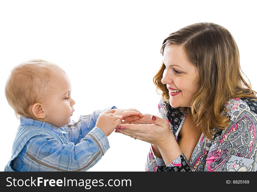 Mother and son. Isolated on white background