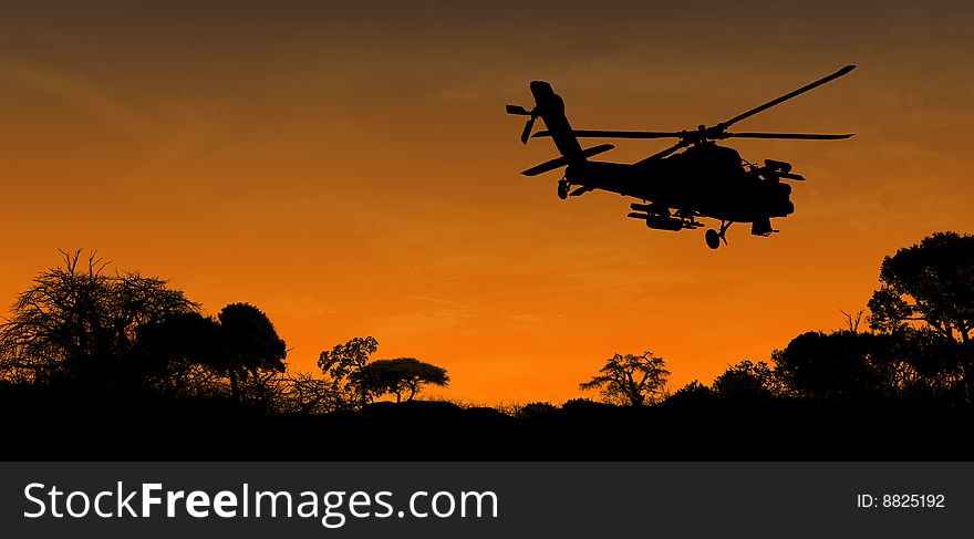 Helicopter on sunset over trees. Helicopter on sunset over trees