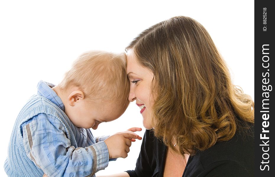 Mother and son. Isolated on white background