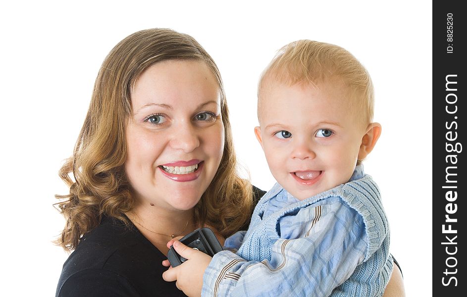 Mother and son. Isolated on white background