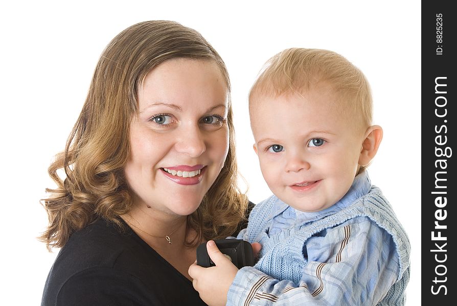 Mother and son. Isolated on white background