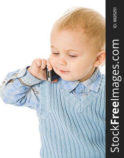 Concept of little businessman. Child speak on the phone. Isolated on white background