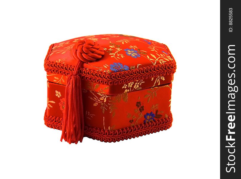 Small box, covered red silk, in Chinese style of hexagonal form. Small box, covered red silk, in Chinese style of hexagonal form