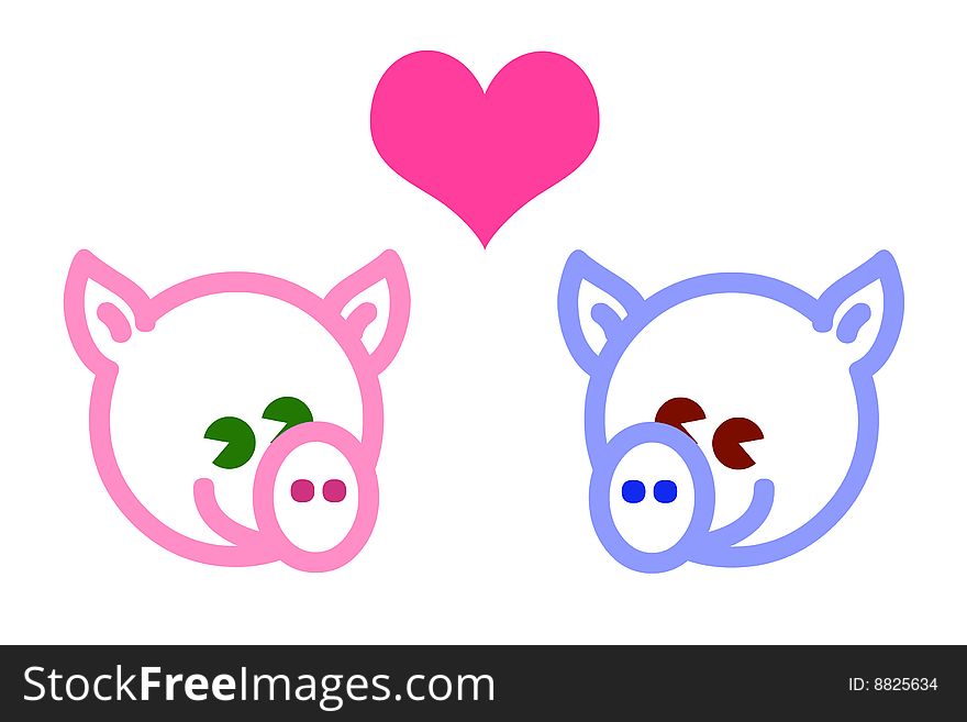 Two nice cunningly pigs are smiling a happy smile, they  are thinking about love. Two nice cunningly pigs are smiling a happy smile, they  are thinking about love.
