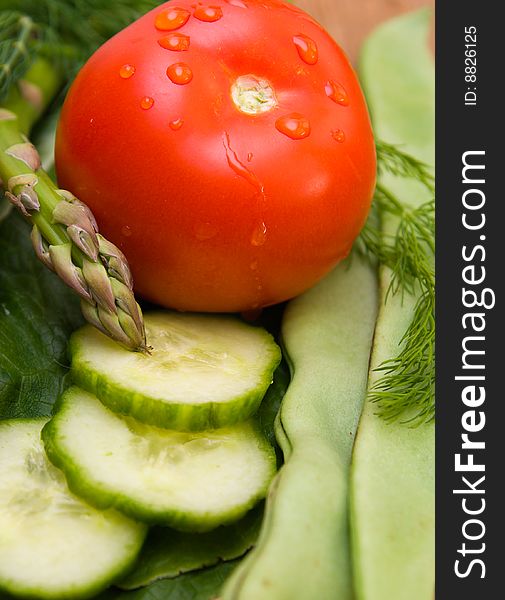 Close up of tomato, cucumber, asparagus and dill. Close up of tomato, cucumber, asparagus and dill