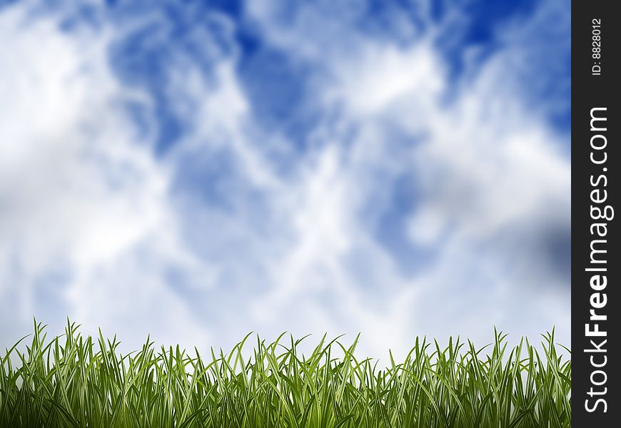 Green grass against the blue cloudy sky - meadow