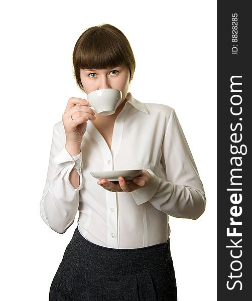 Businesswoman during coffee-break over white. Businesswoman during coffee-break over white