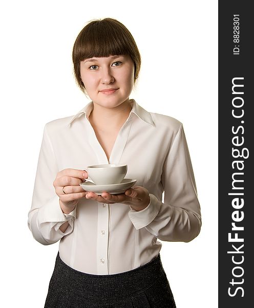 Businesswoman during coffee-break over white. Businesswoman during coffee-break over white