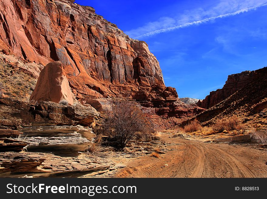 View of red rock formations in San Rafael Swell with blue skyï¿½s